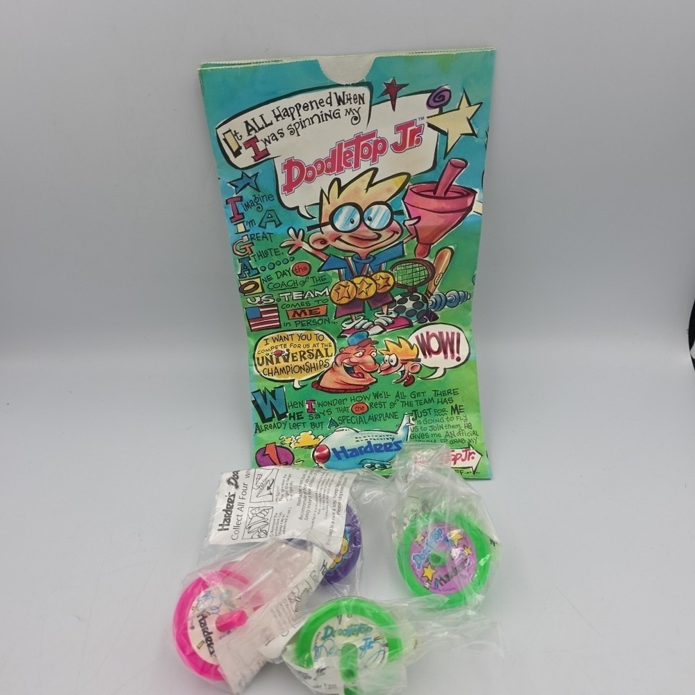 1995 Vintage Hardee's Doodle Top Jr. Spin Toys Complete Set Of 4 Rare With Bag
